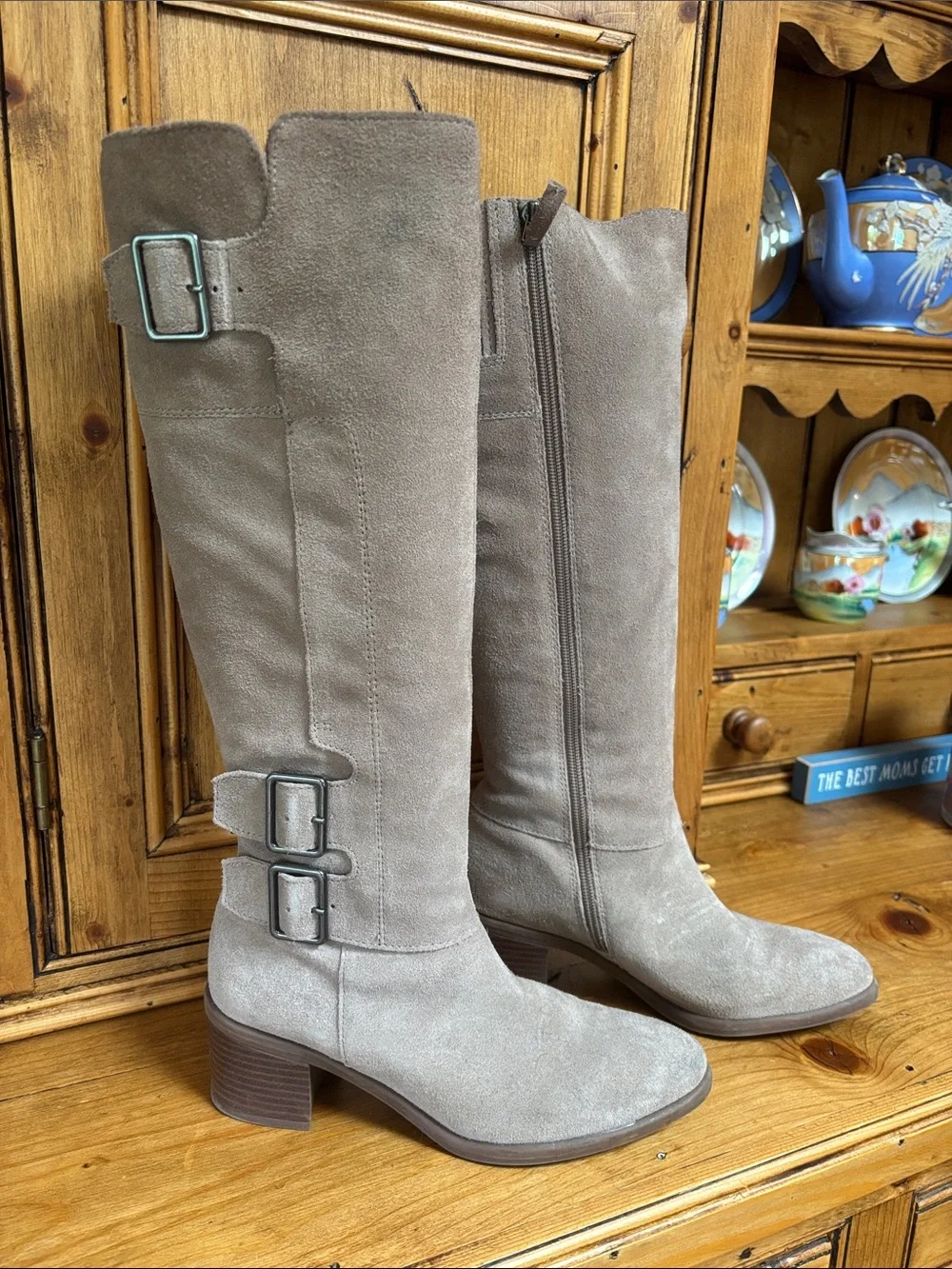 Franco Sarto MishroomTaupe Suede Knee-High Buckle Boots